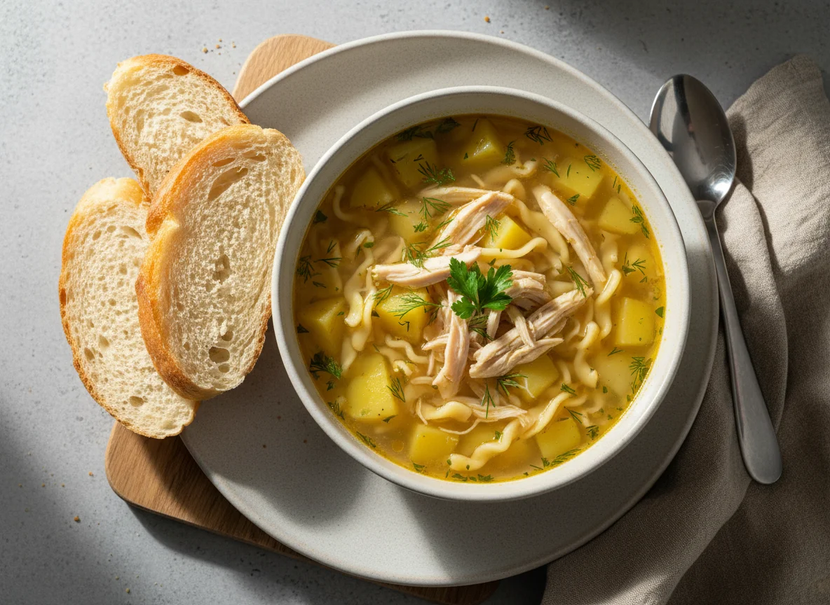 Chicken Noodle Soup with Potatoes and Bread photo