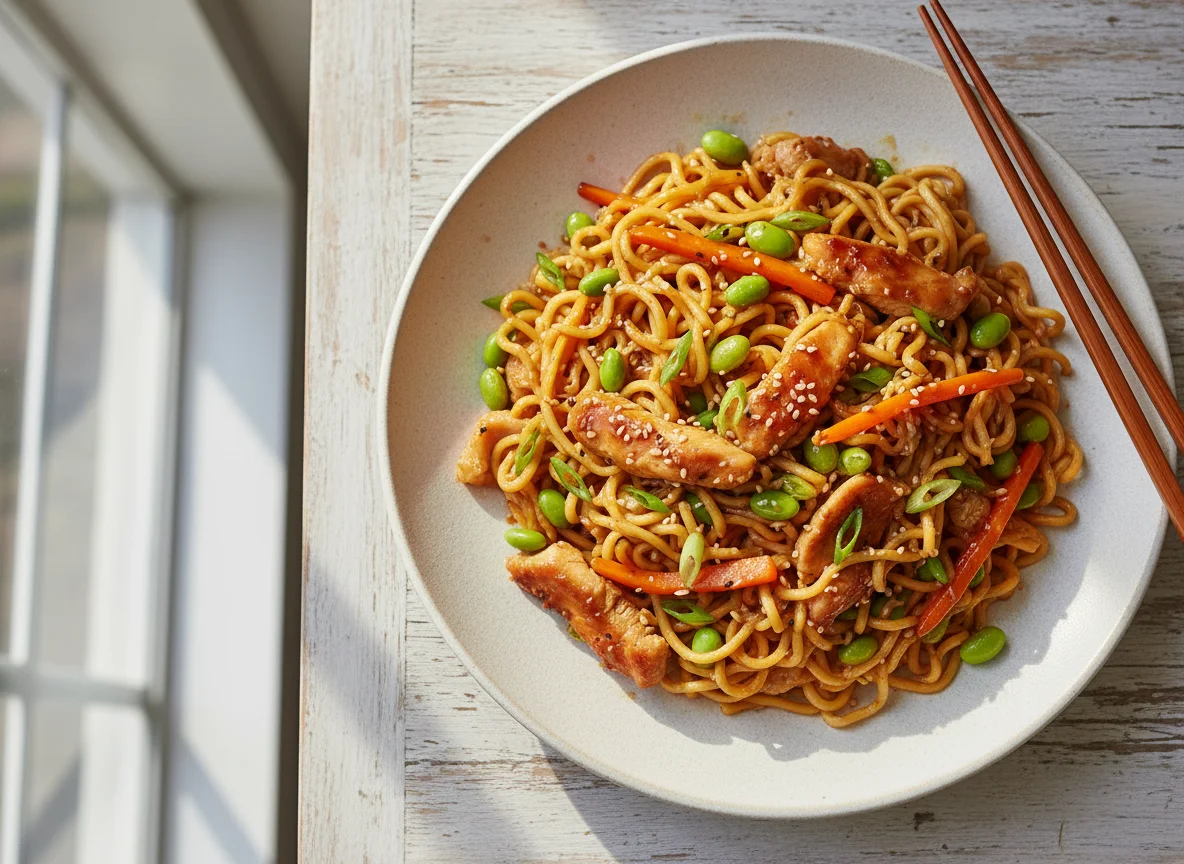 Chicken Noodle Stir-fry with Edamame and Carrots photo
