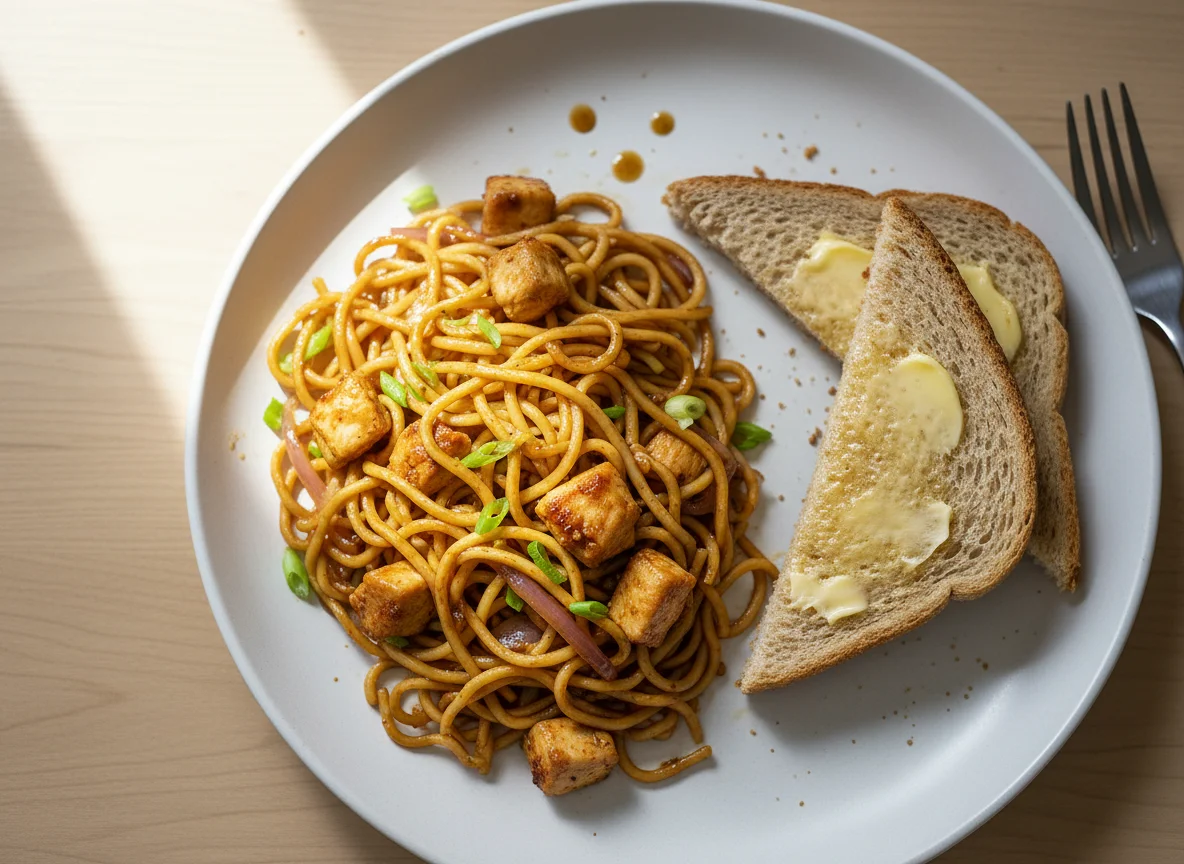 Chicken Noodle Stir-fry with Toast photo