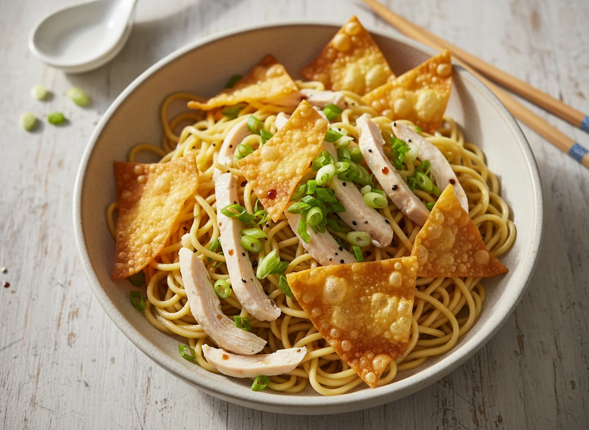 Chicken Noodles with Crispy Wontons photo
