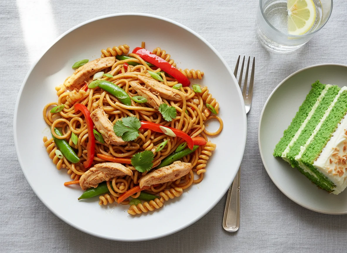 Chicken Noodles with Green Cake photo