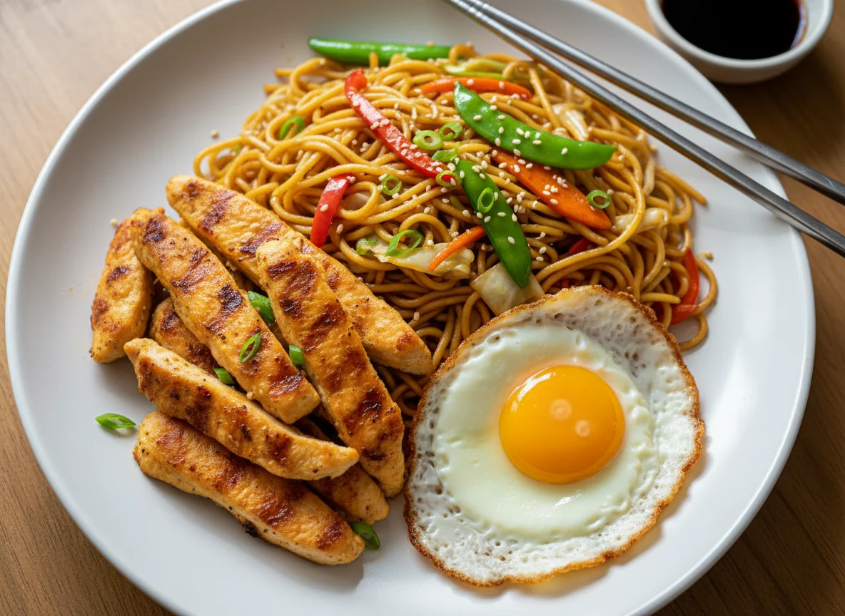 Chicken, Noodles with Vegetables, and Fried Egg photo
