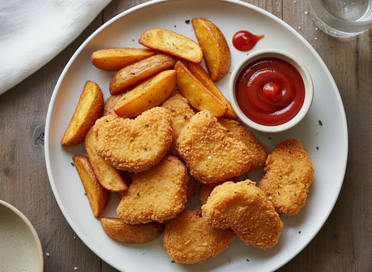 Chicken nugget and chips with ketchup photo