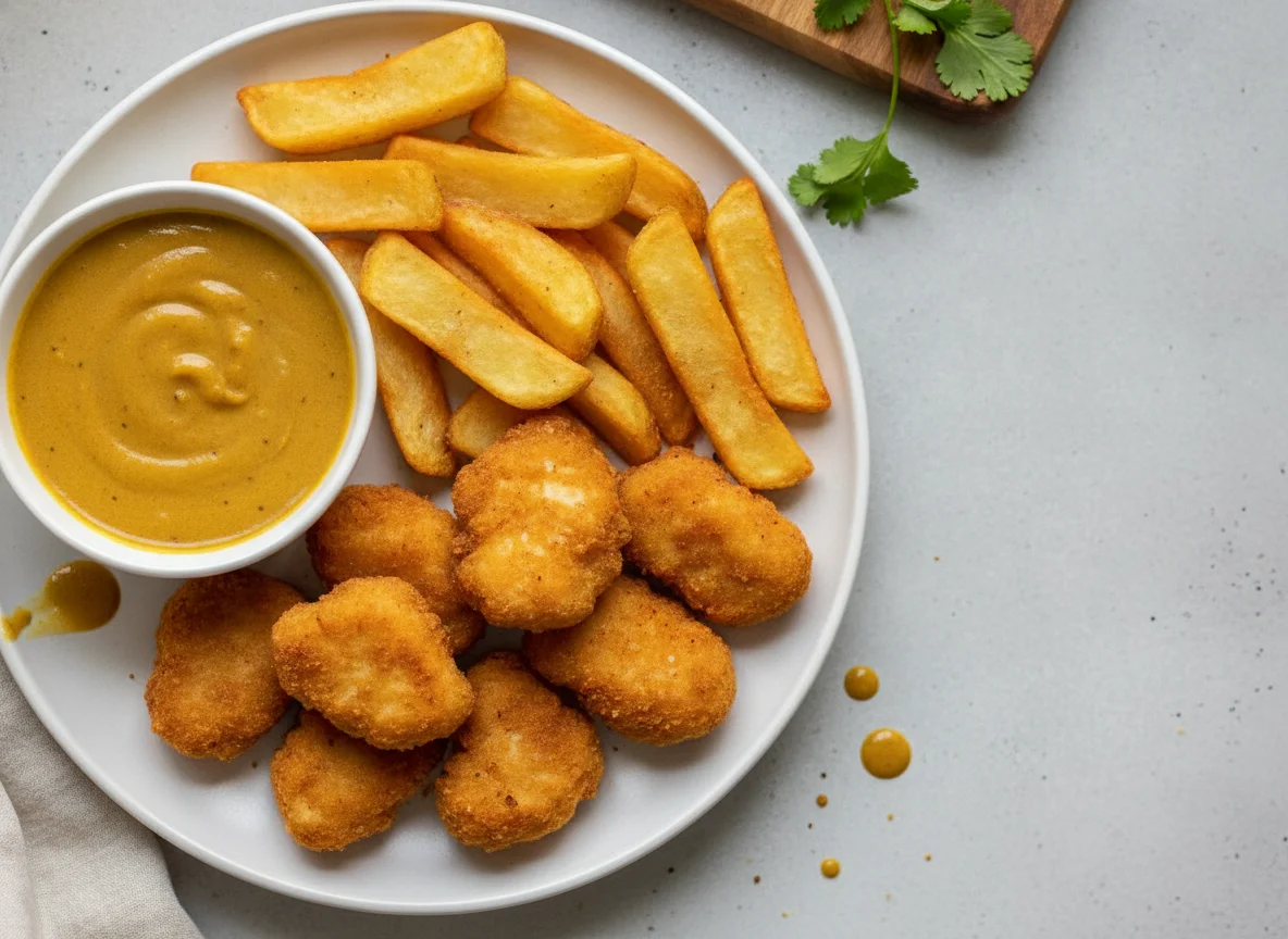 Chicken nuggets and chips with curry sauce photo
