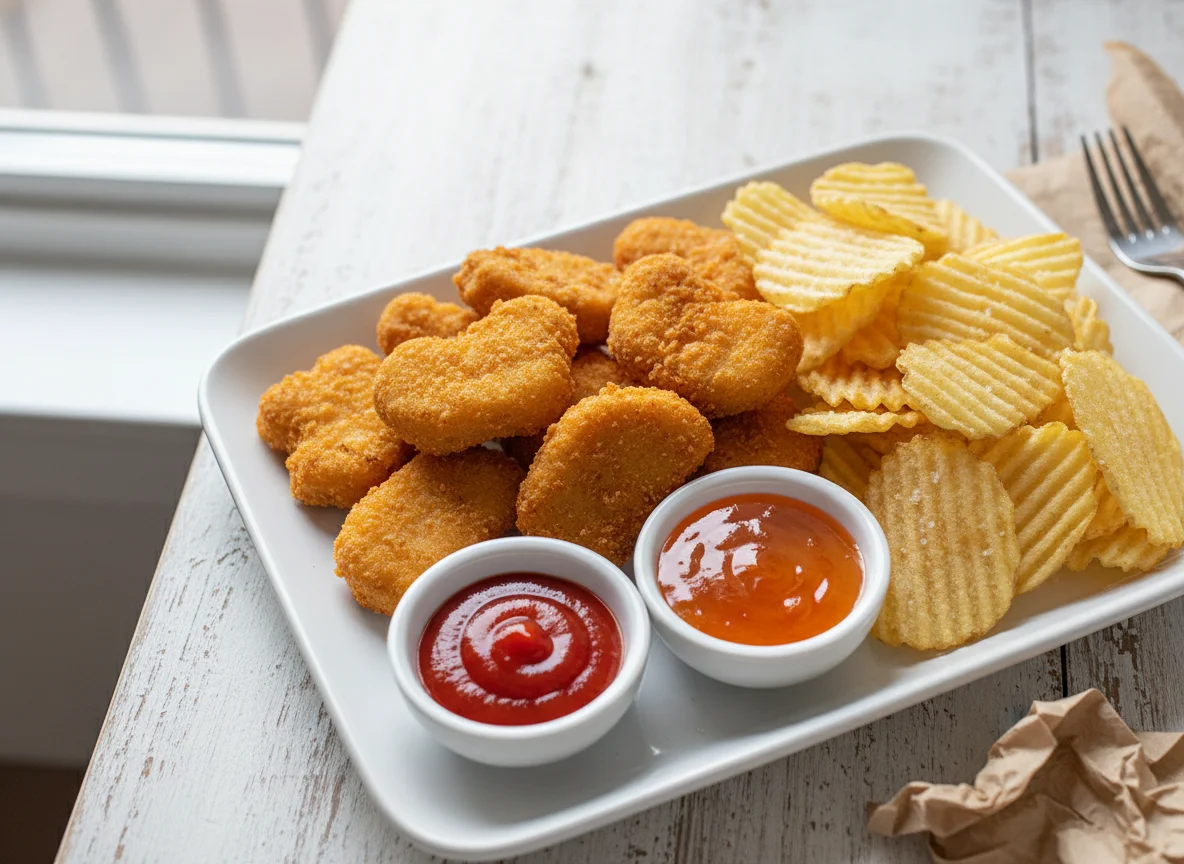 Chicken Nuggets and Potato Chips with Sauces photo