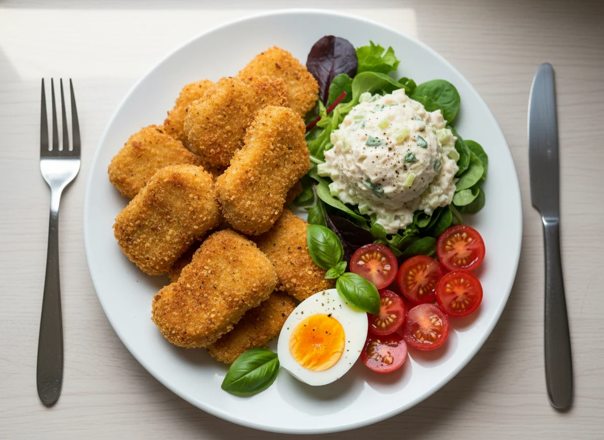 Chicken nuggets, chicken salad, egg and tomatoes photo