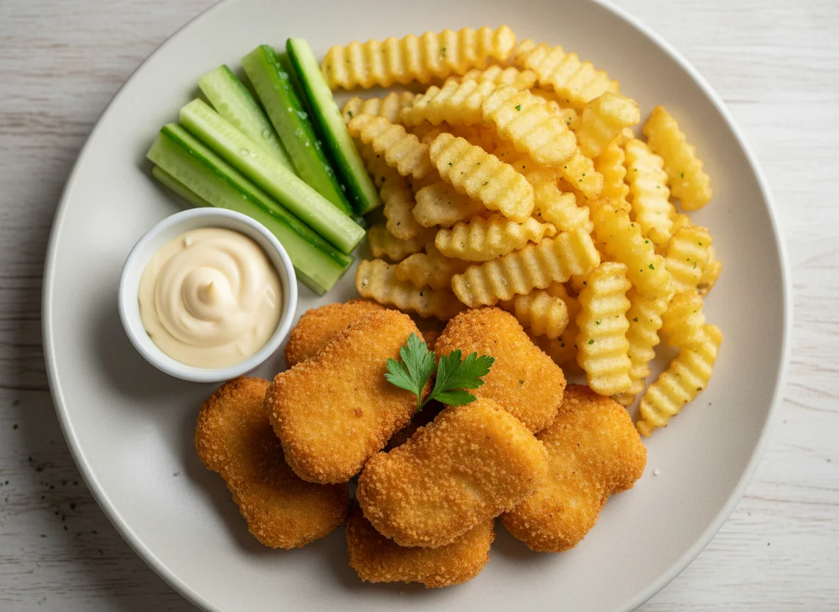 Chicken Nuggets, Chips, Cucumber and Mayonnaise photo