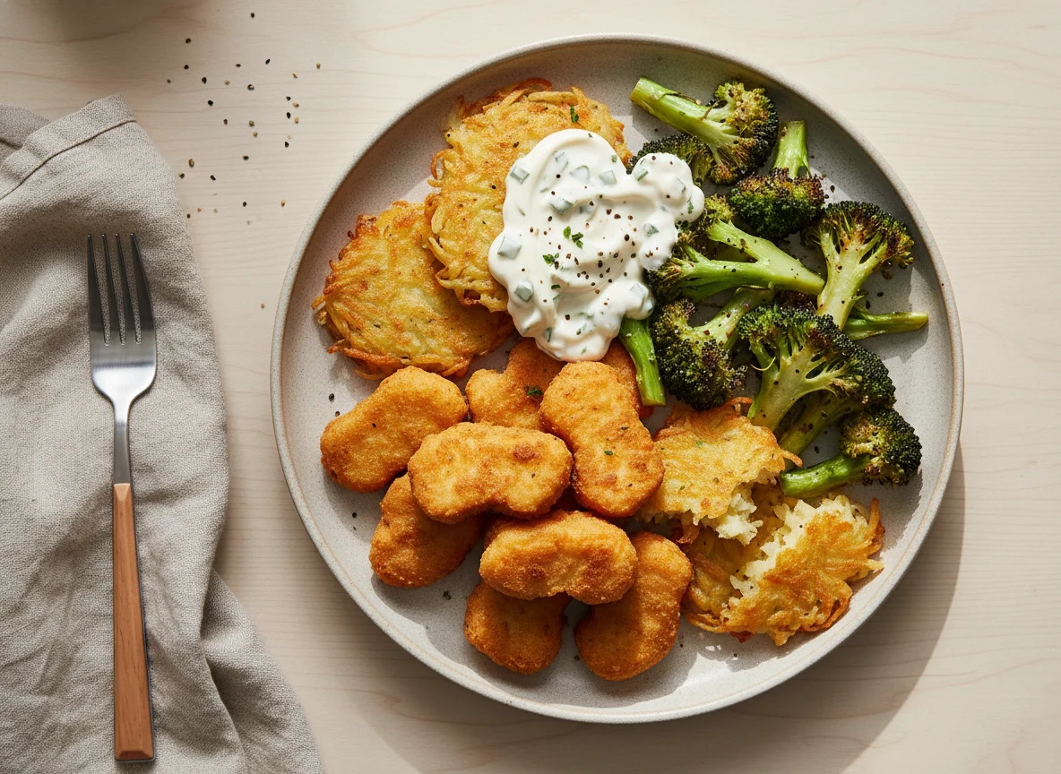 Chicken Nuggets, Hash Browns, and Roasted Broccoli with Sauce photo