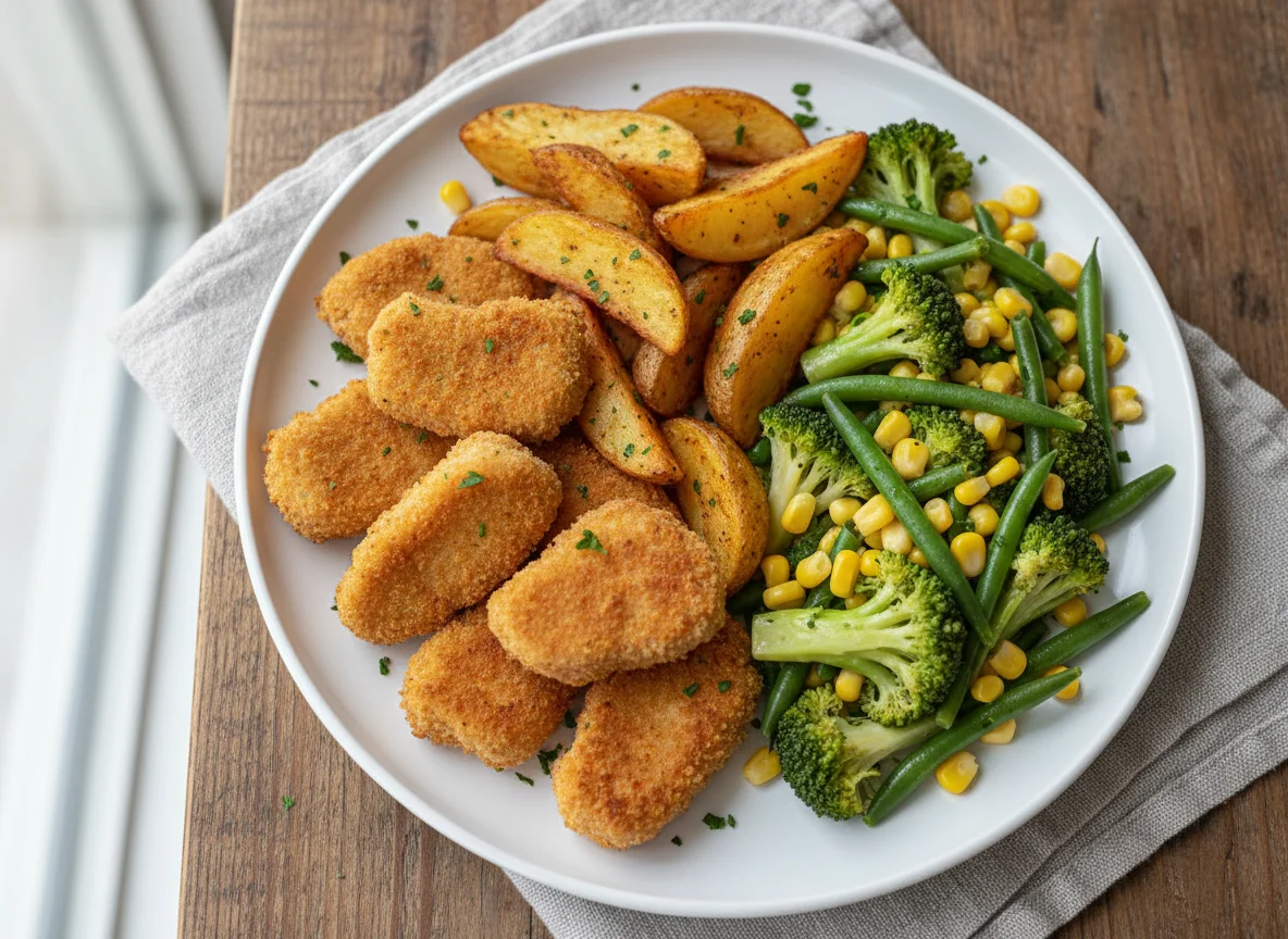 Chicken nuggets, potato wedges and mixed vegetables photo