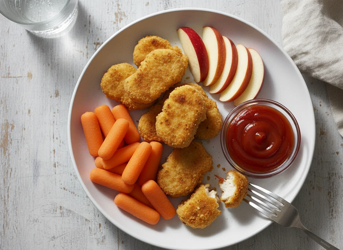 Chicken Nuggets with Apple Slices and Baby Carrots photo