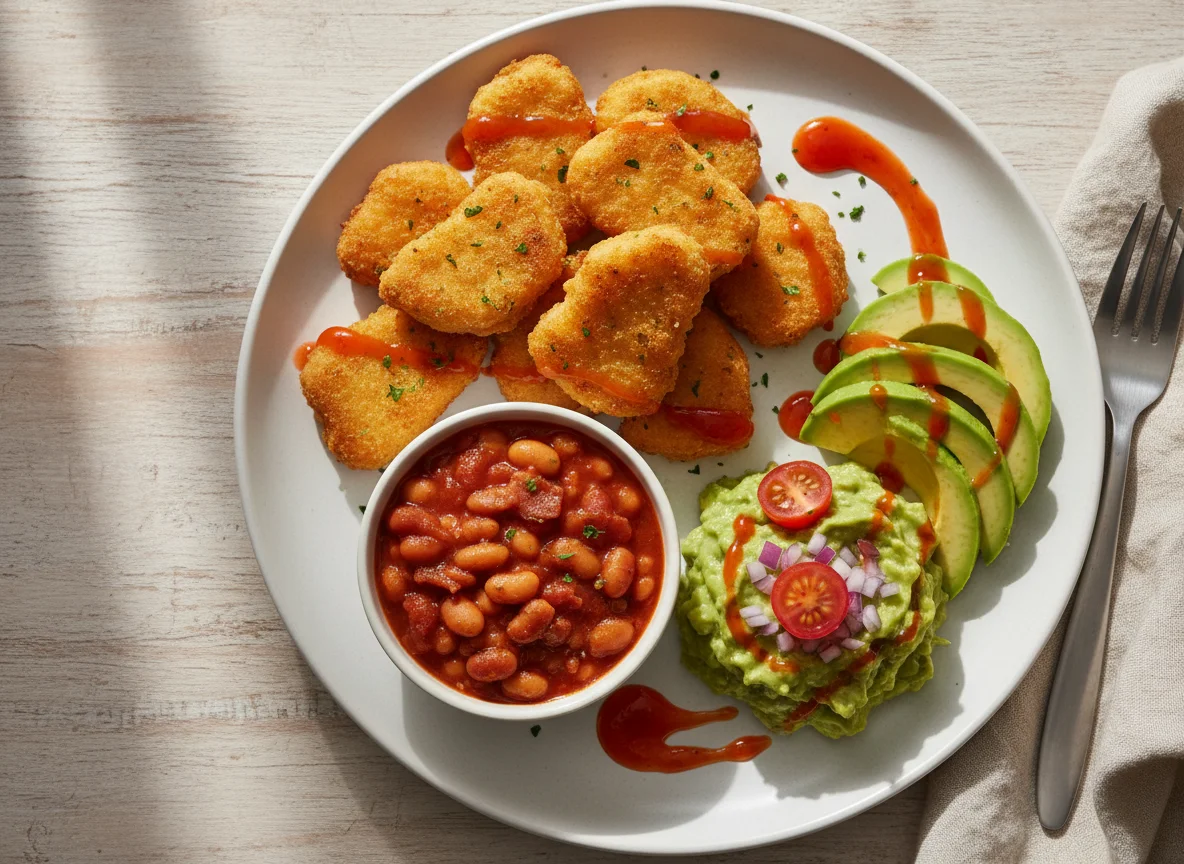 Chicken Nuggets with Baked Beans and Avocado photo