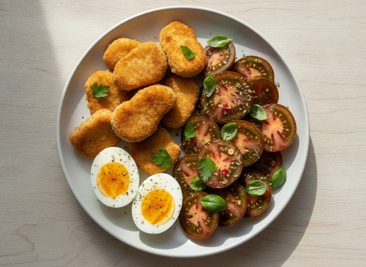 Chicken nuggets with boiled eggs and tomato salad photo