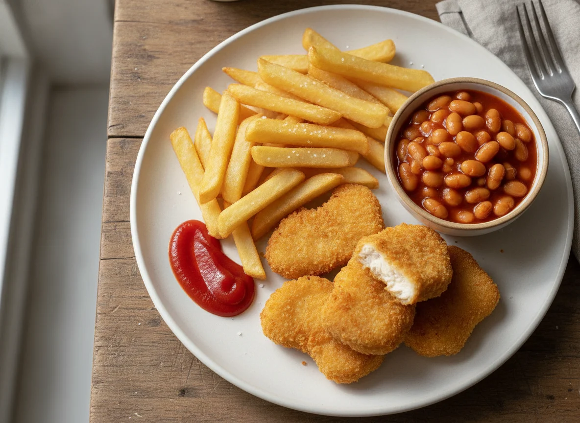 Chicken nuggets with chips and baked beans photo