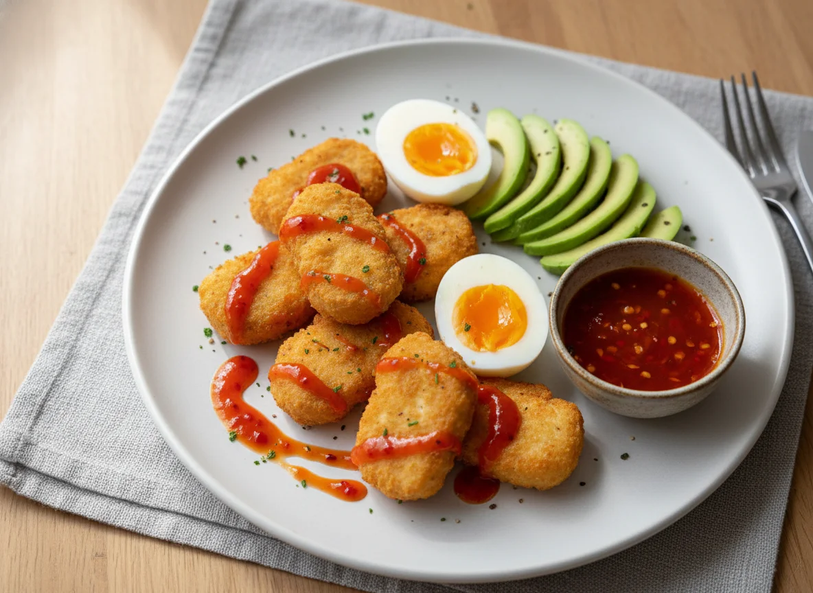 Chicken Nuggets with Eggs, Avocado, and Sweet Chili Sauce photo