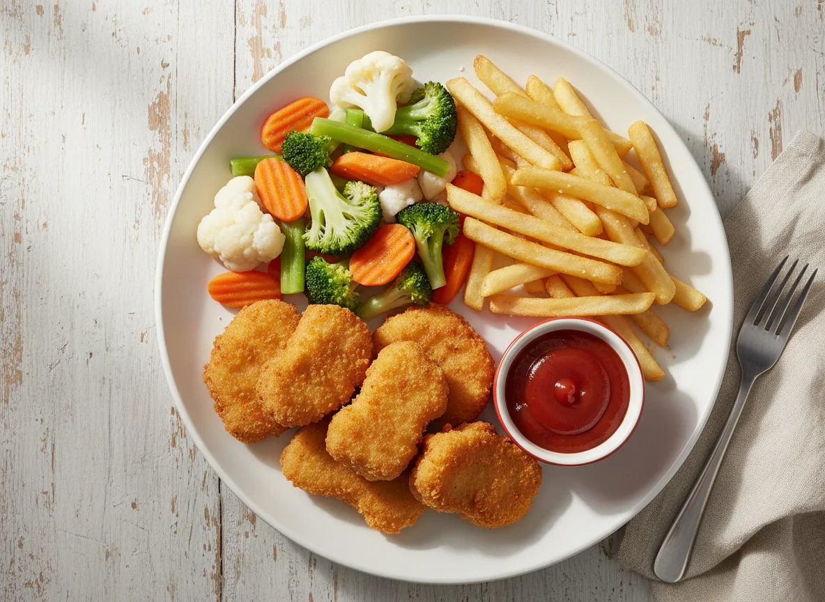 Chicken nuggets with fries and mixed vegetables photo