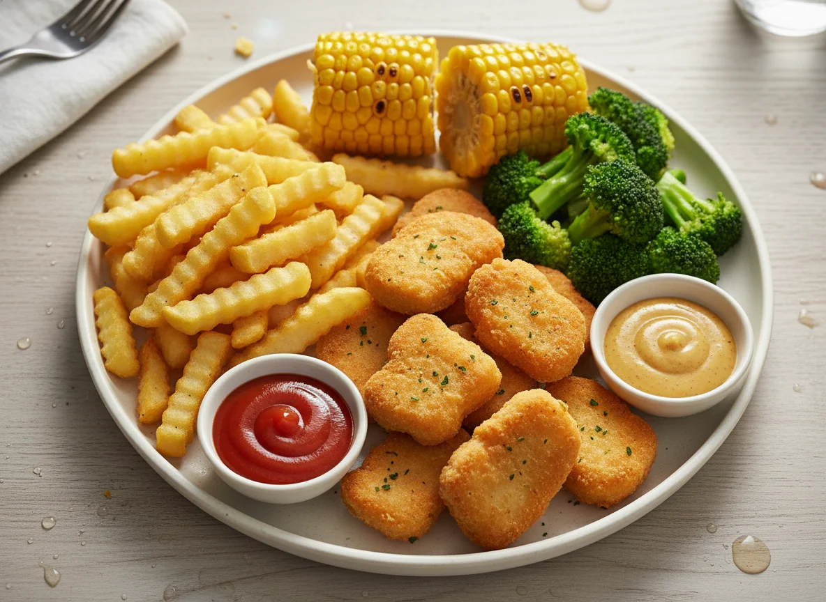 Chicken nuggets with fries, corn, and broccoli photo