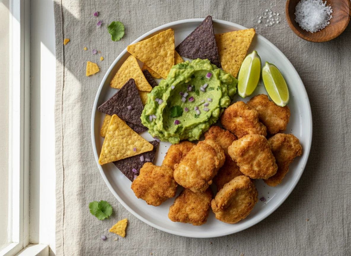 Chicken nuggets with guacamole and tortilla chips photo