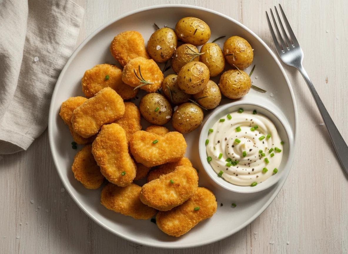 Chicken Nuggets with Potato and Sauce photo