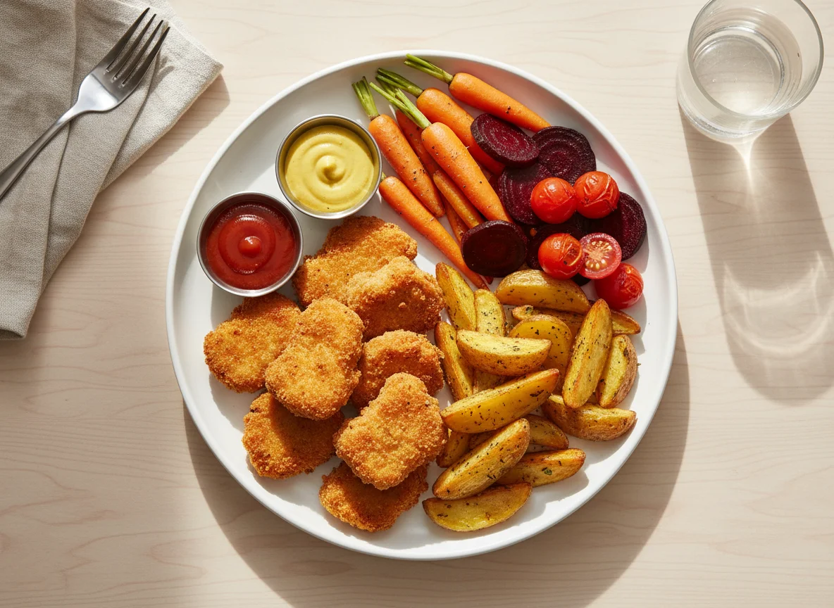 Chicken Nuggets with Potato Wedges and Vegetables photo
