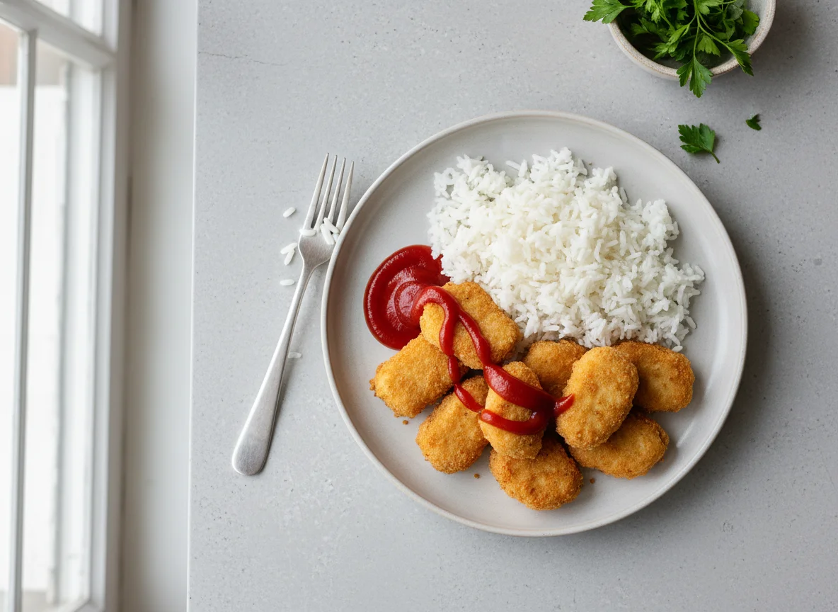 Chicken nuggets with rice and ketchup photo