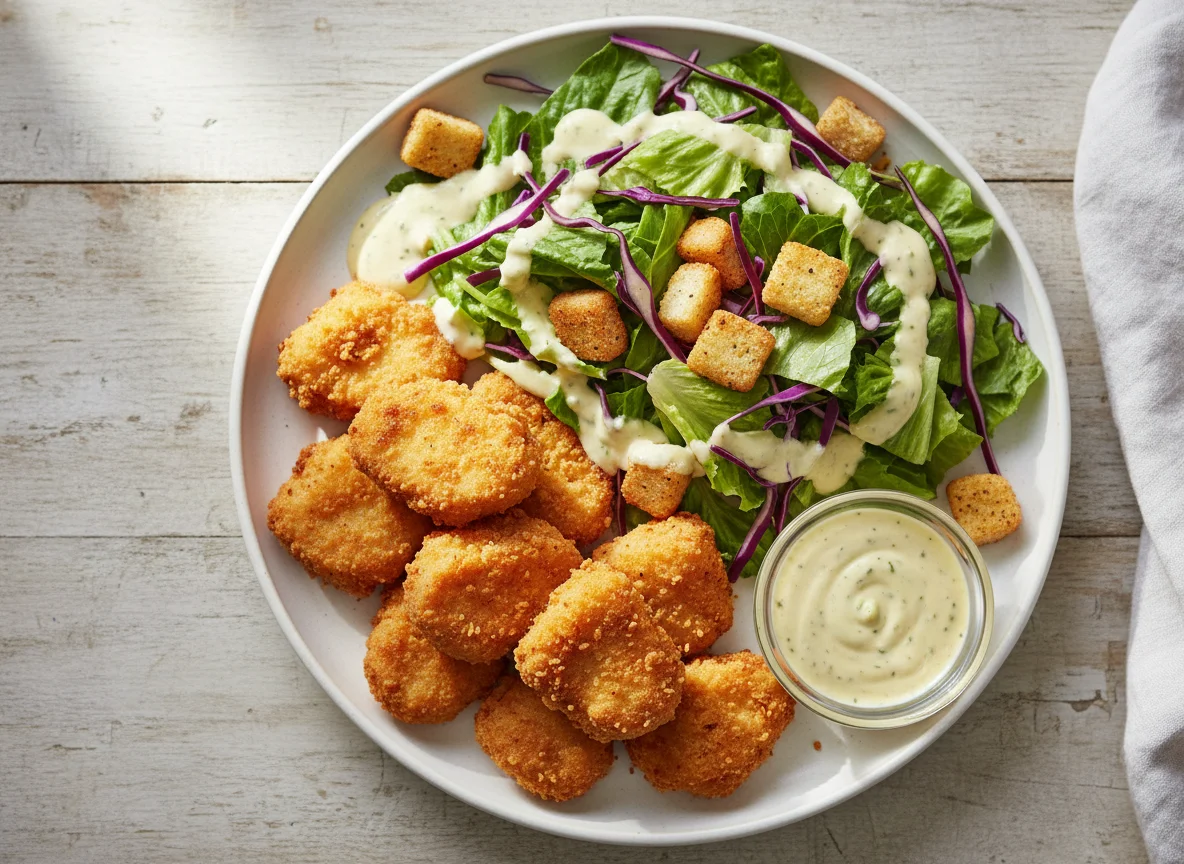 Chicken Nuggets with Salad and Dressing photo