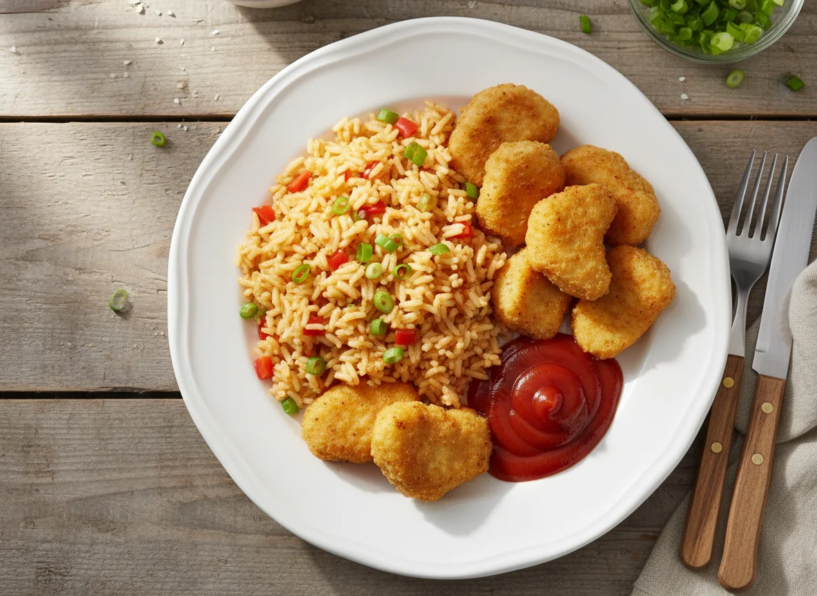 Chicken nuggets with seasoned rice and ketchup photo