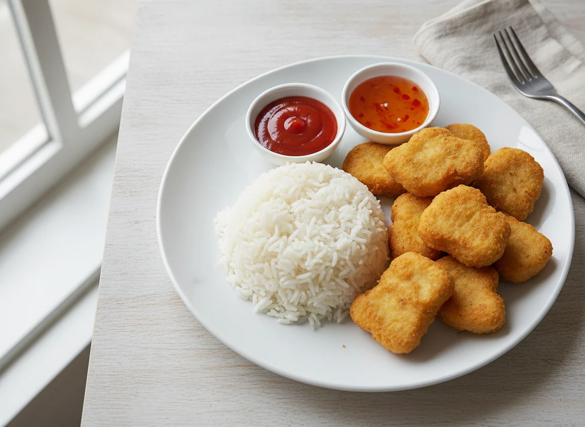 Chicken nuggets with white rice and sauces photo