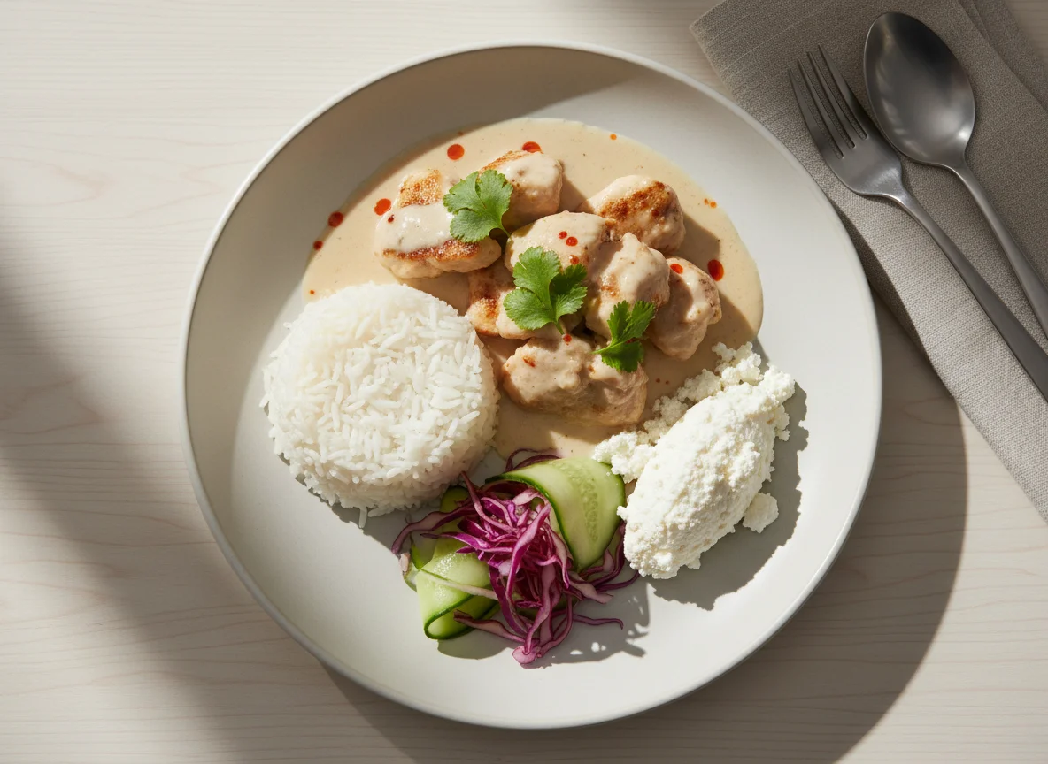 Chicken or fish in coconut milk sauce with rice and cottage cheese photo