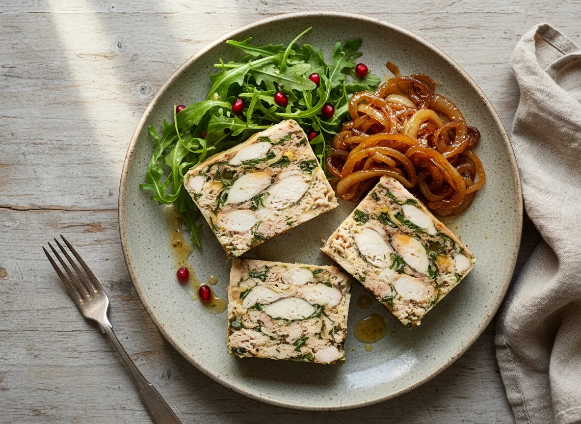 Chicken or Fish Terrine with Caramelised Onions and Rocket Salad photo