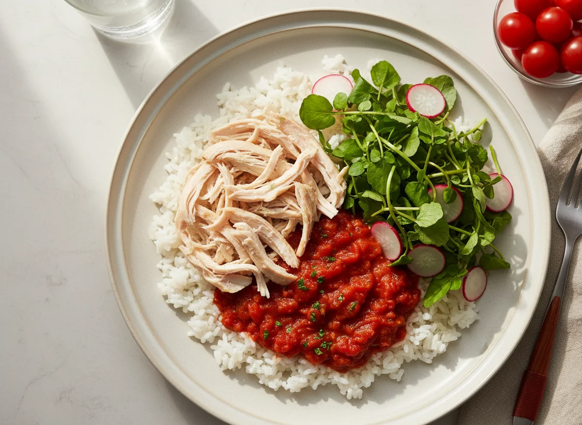 Chicken or Fish with Rice, Tomato Sauce, Watercress, and Radishes photo