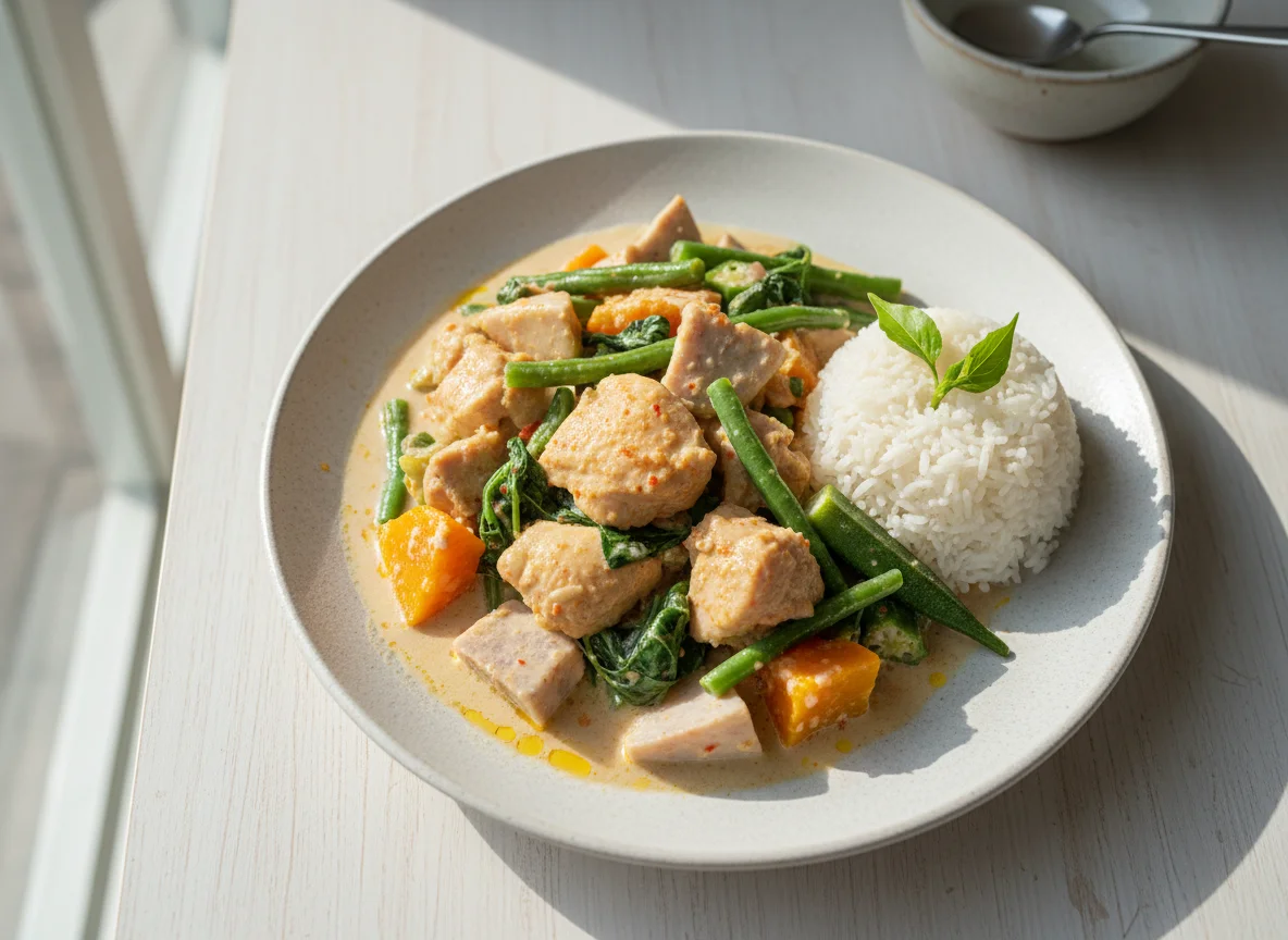 Chicken or Pork Ginataan with Vegetables and Rice photo
