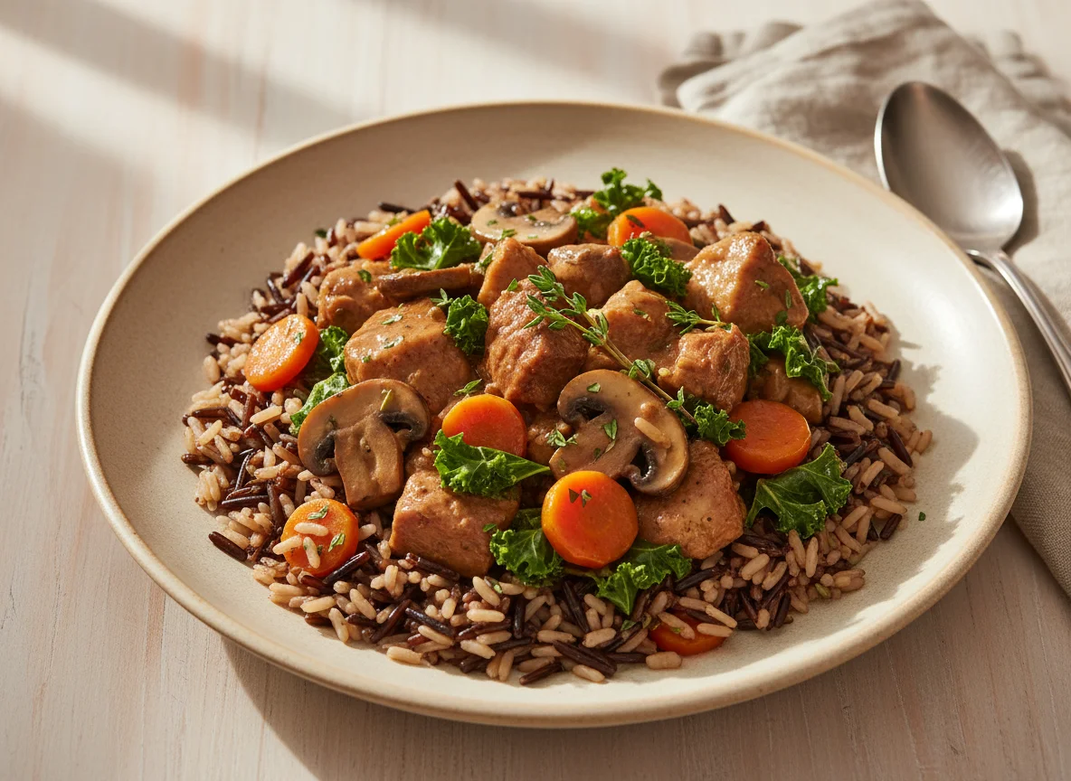 Chicken or Pork Stew with Wild Rice, Kale, Carrots and Mushrooms photo