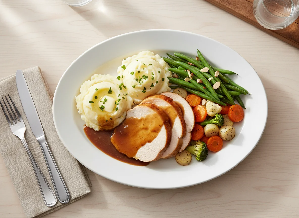 Chicken or Turkey with Mashed Potatoes and Green Beans photo