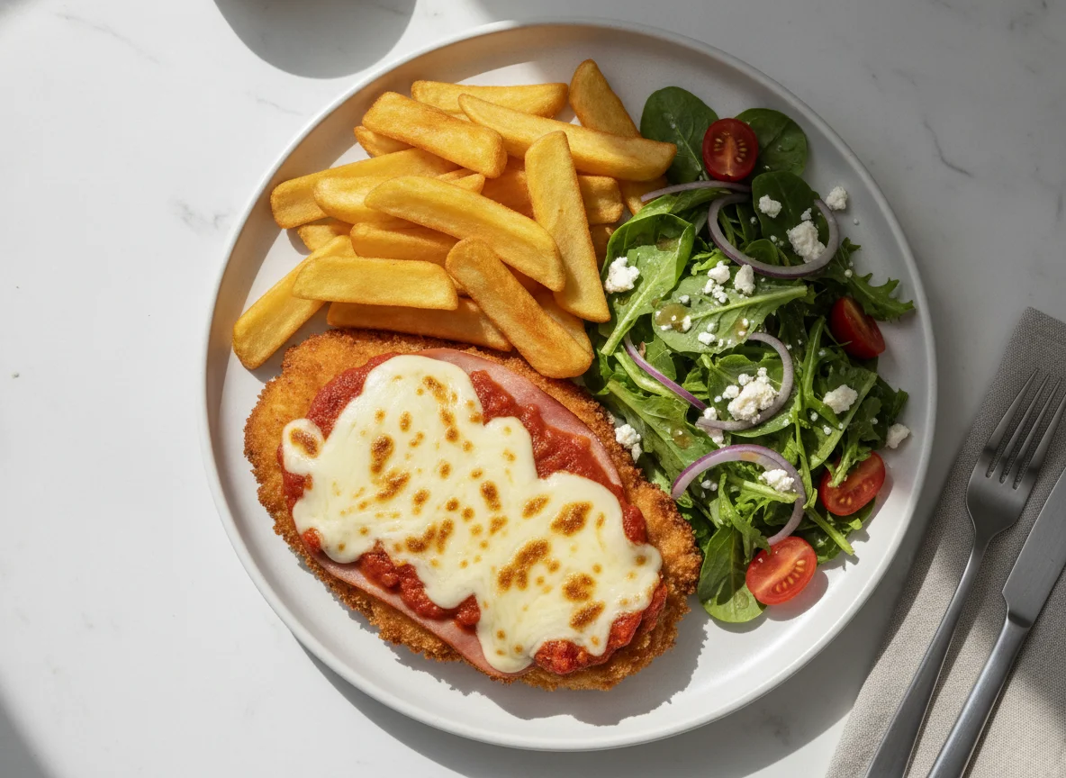 Chicken Parmigiana with Chips and Garden Salad photo