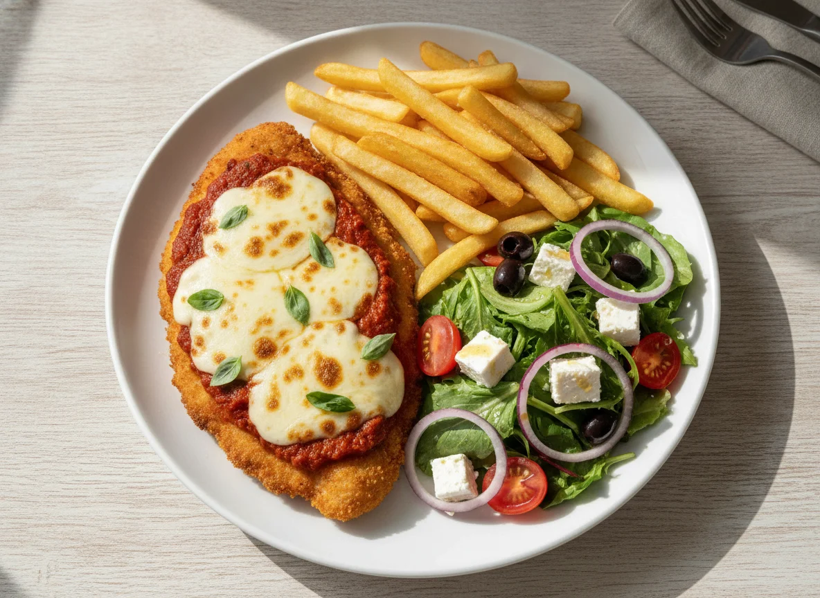 Chicken Parmigiana with Chips and Greek Salad photo