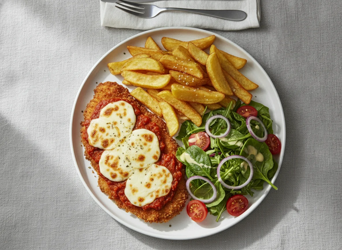 Chicken Parmigiana with Chips and Salad photo