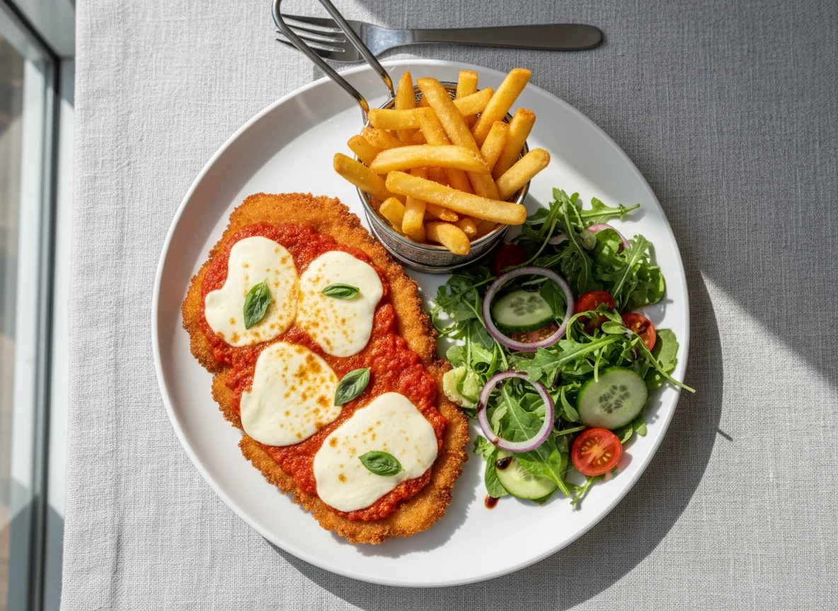 Chicken Parmigiana with Fries and Salad photo