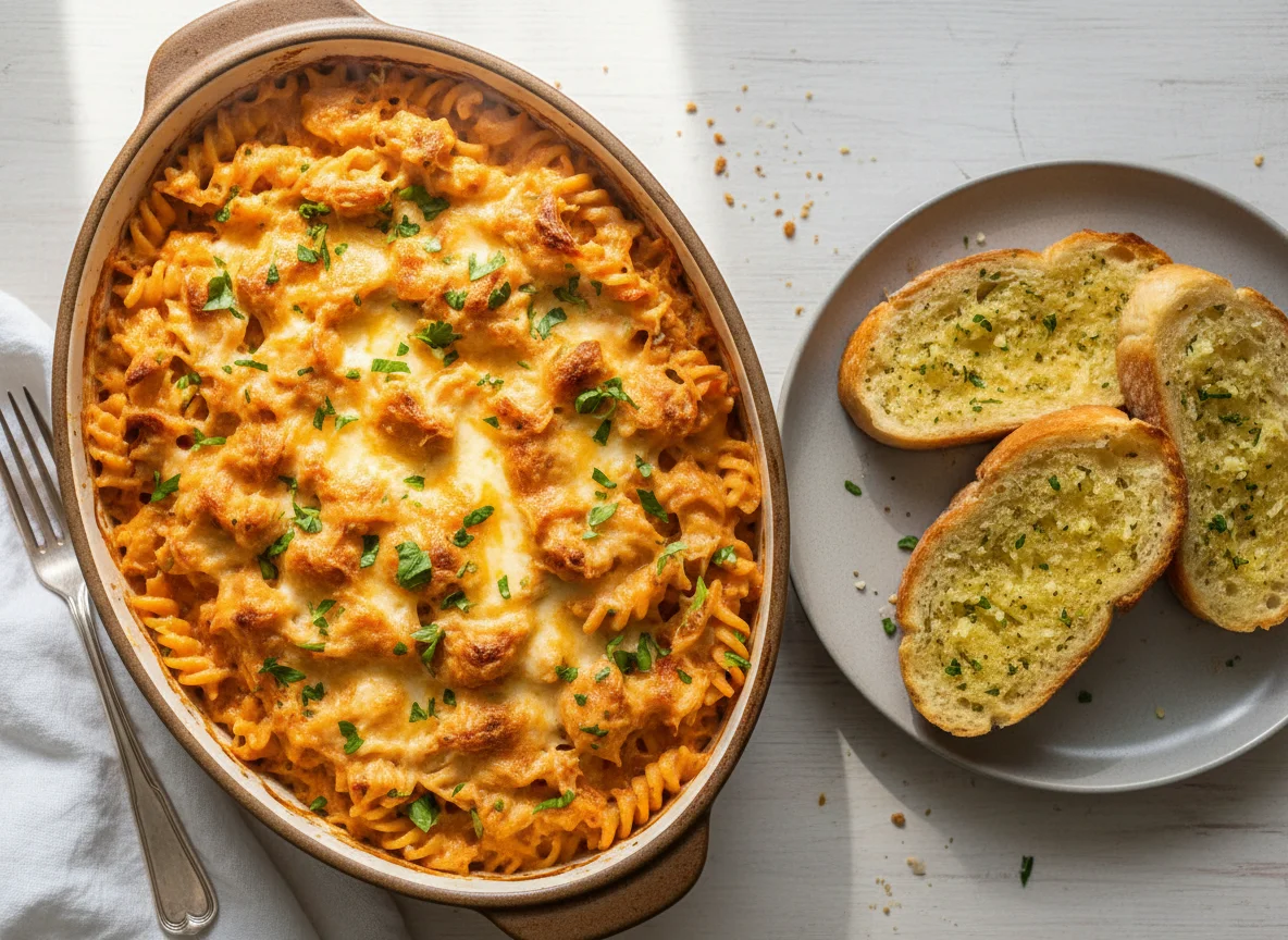 Chicken Pasta Bake with Garlic Bread photo