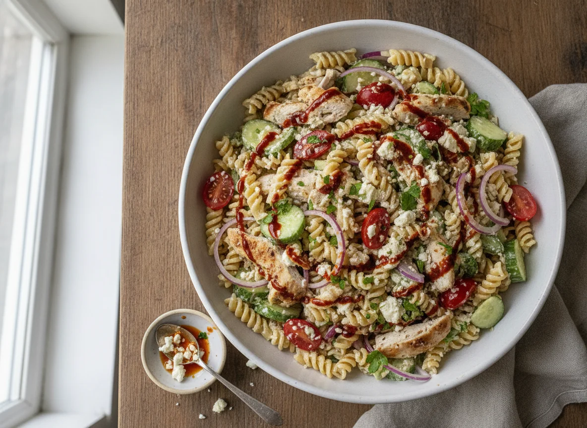 Chicken Pasta Salad with Feta and Vegetables photo