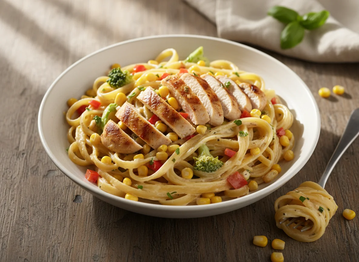 Chicken pasta with corn photo