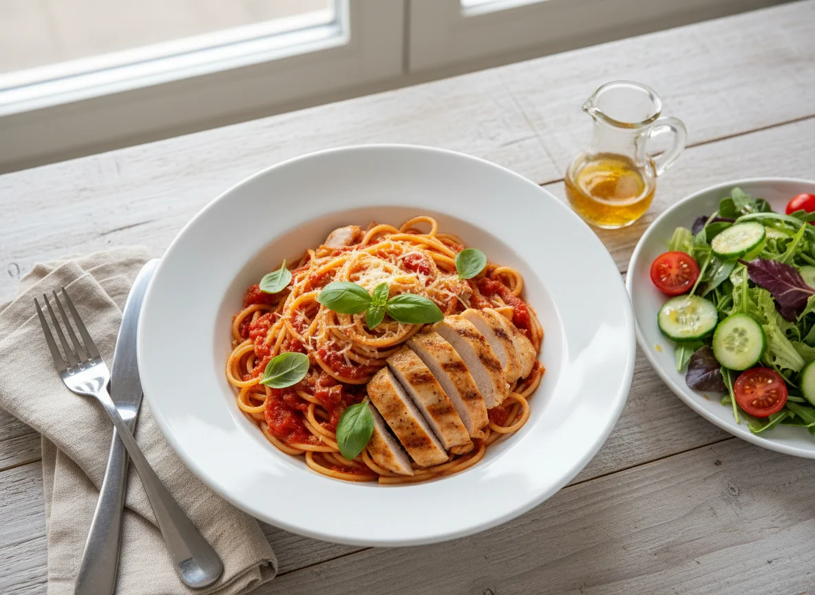 Chicken Pasta with Tomato Sauce and Side Salad photo