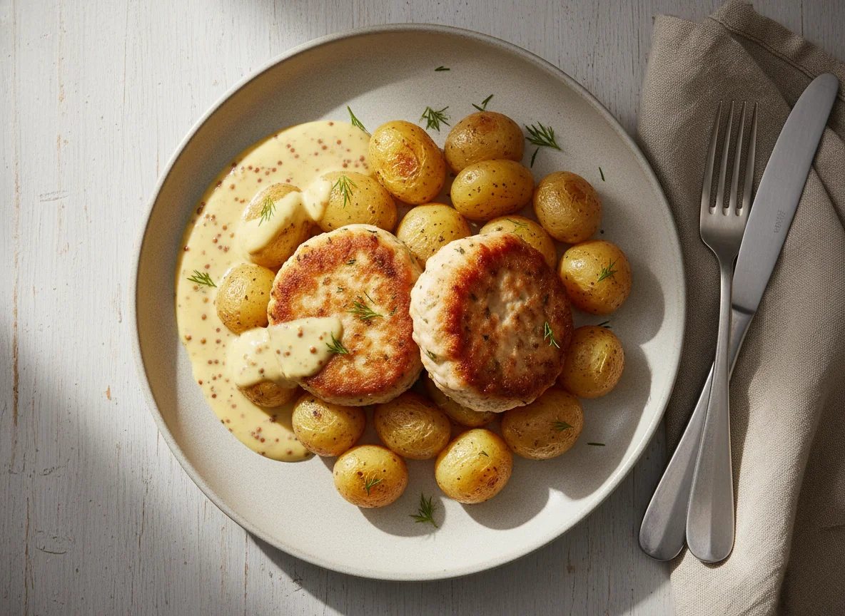 Chicken patties with potatoes and mustard sauce photo