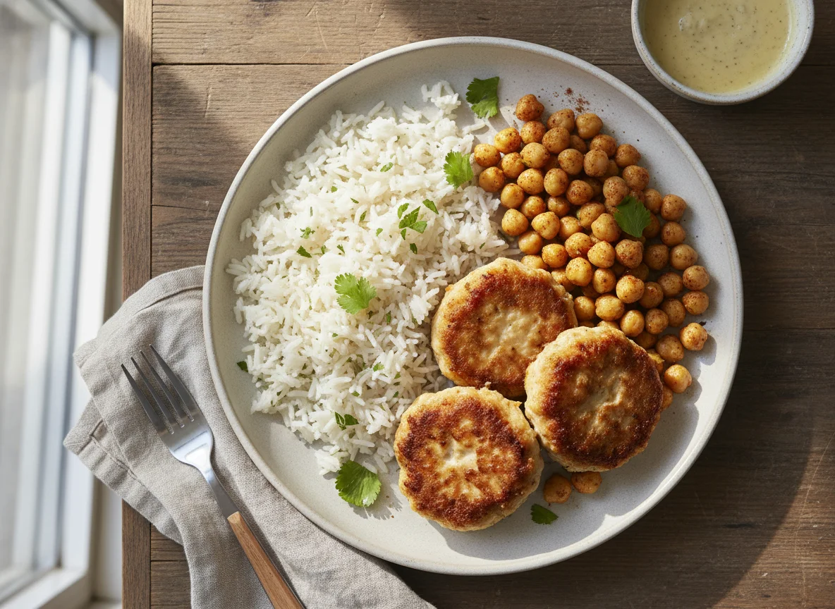 Chicken patties with rice and chickpeas photo