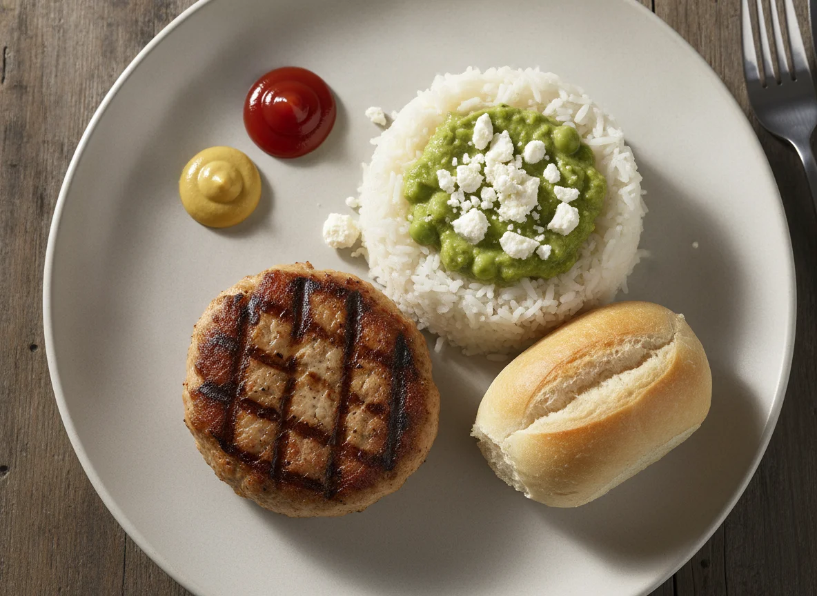 Chicken patty with rice, peas, and feta cheese photo