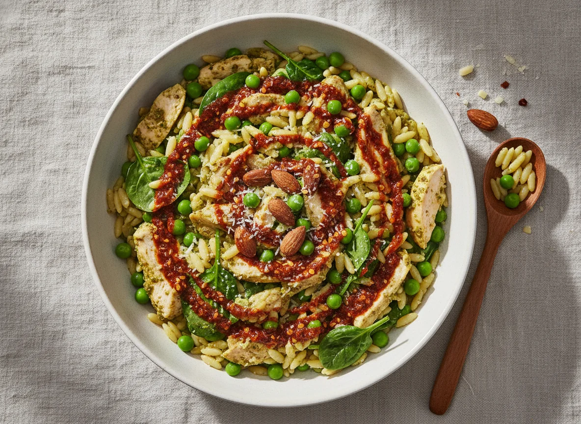 Chicken & Pea Pesto Orzo With Chilli Oil photo