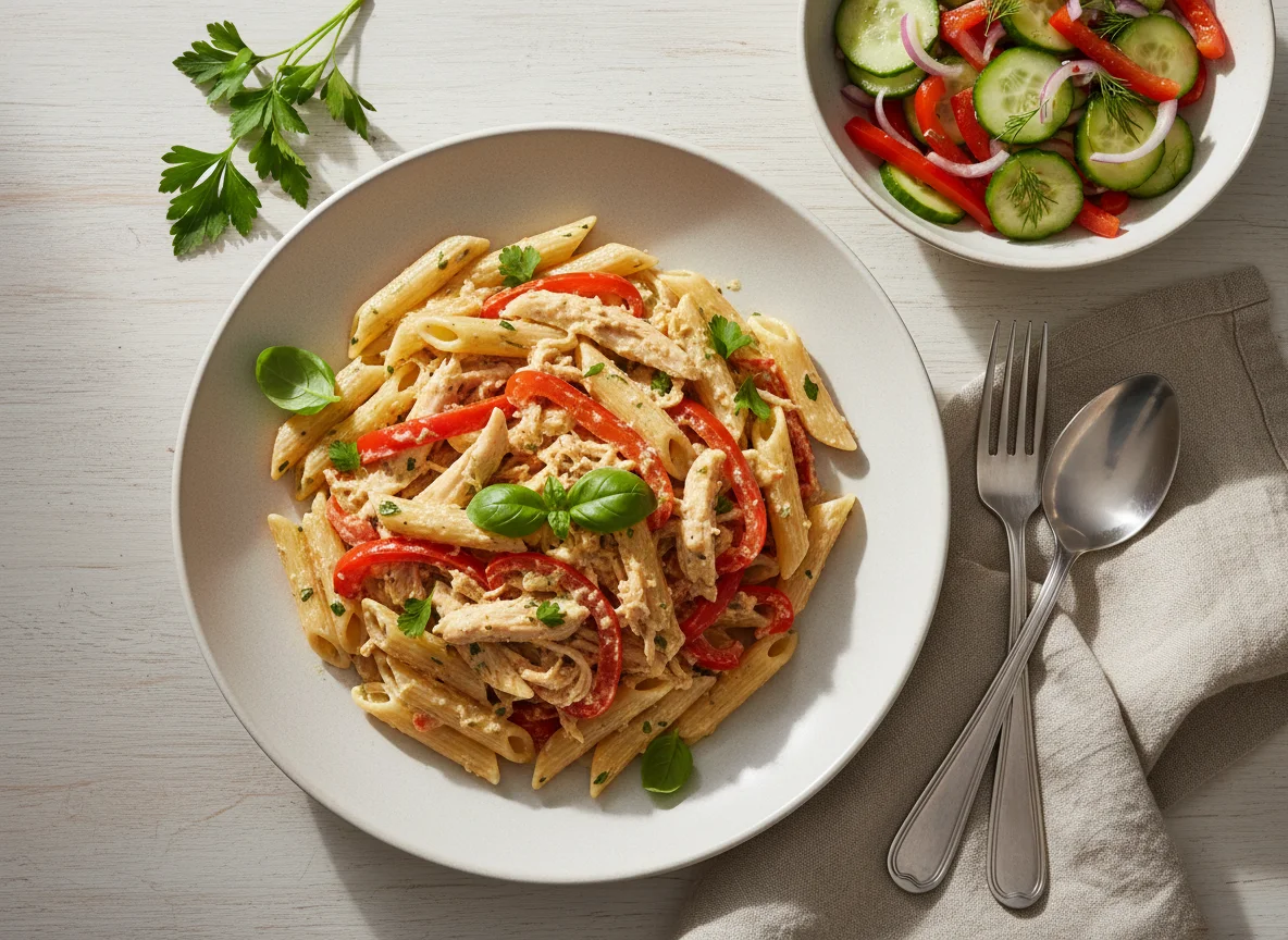 Chicken Penne Pasta with Bell Pepper and Cucumber Salad photo