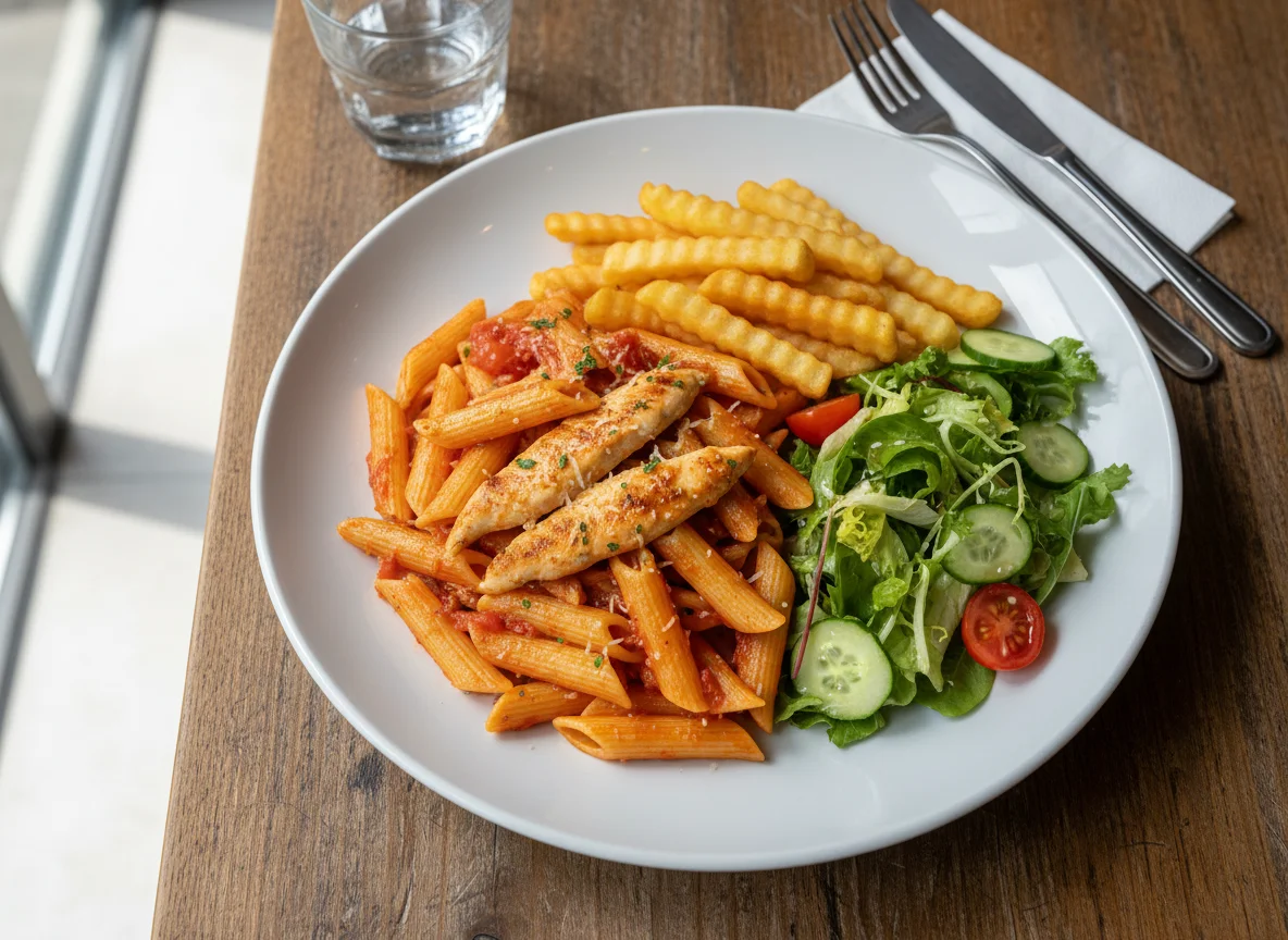 Chicken Penne Pasta with Chips and Salad photo