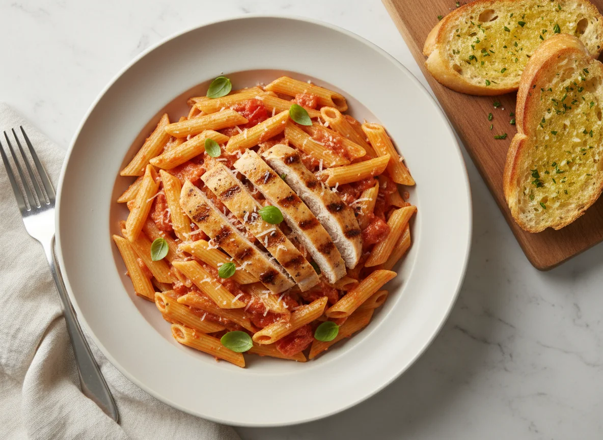 Chicken Penne Pasta with Garlic Bread photo