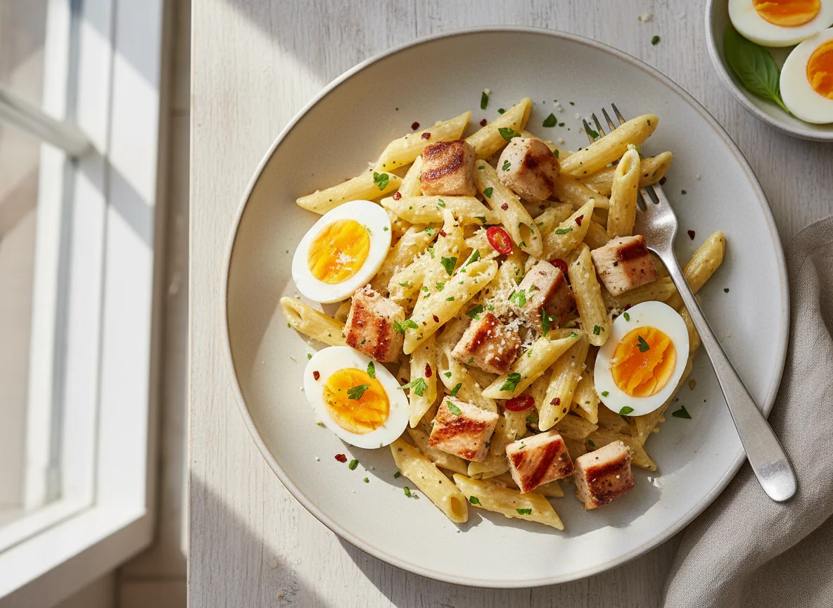 Chicken Penne Pasta with Hard-Boiled Eggs photo