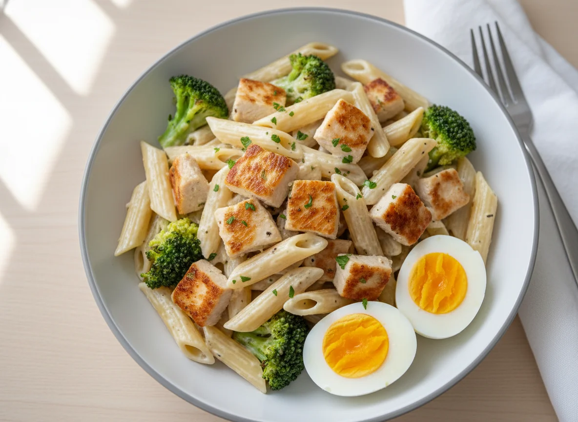Chicken Penne Pasta with Hard-Boiled Eggs and Broccoli photo